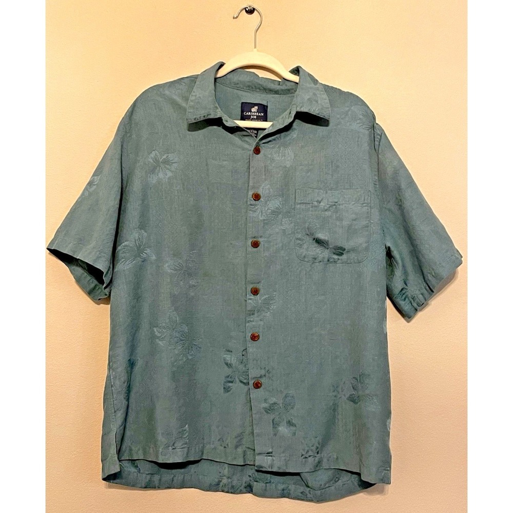Caribbean Joe 100% Silk Palm Tree Blue Button-Up Sz XL Career Beach Resort F18